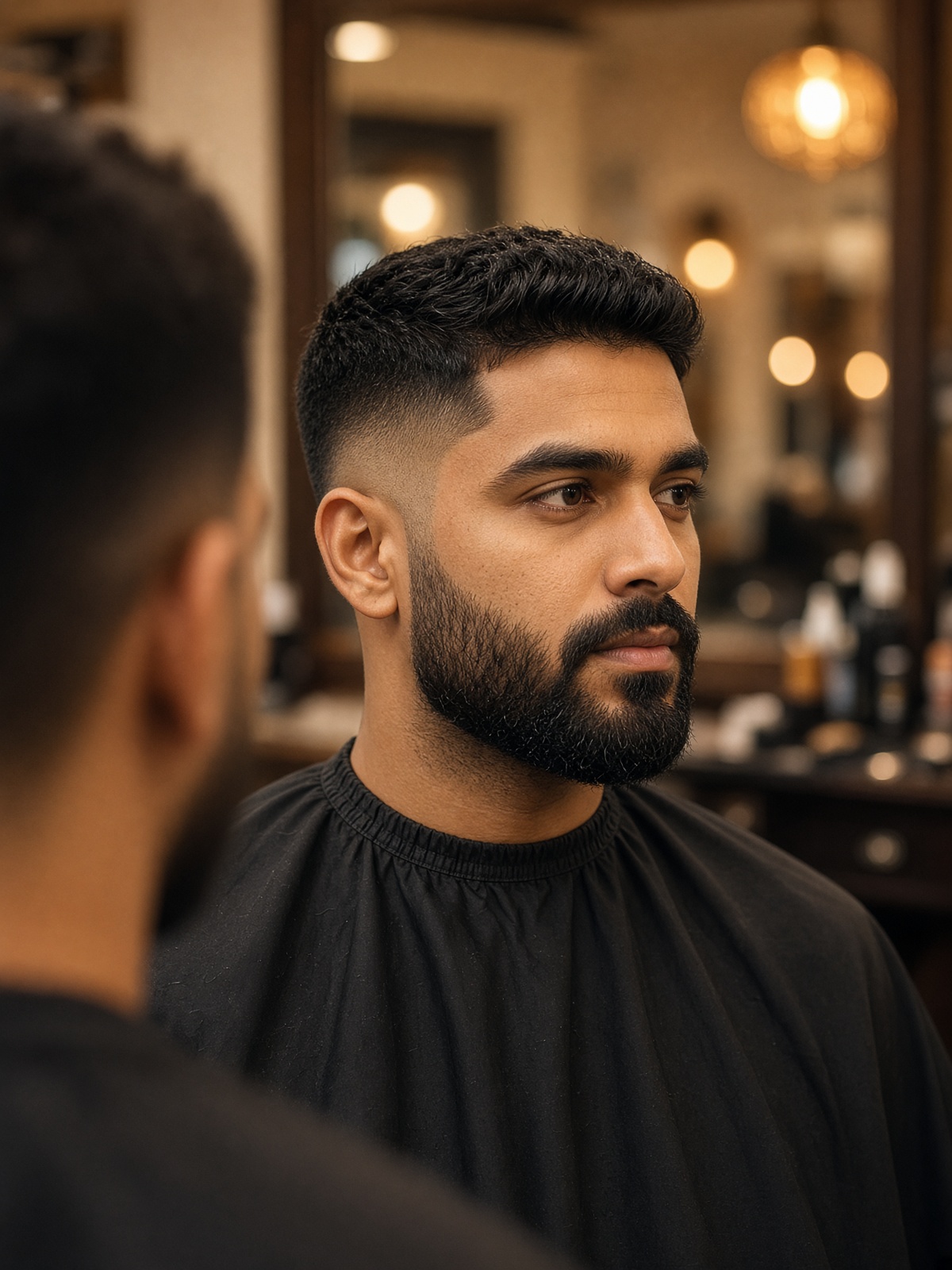 A finished low fade and groomed beard in the mirror.