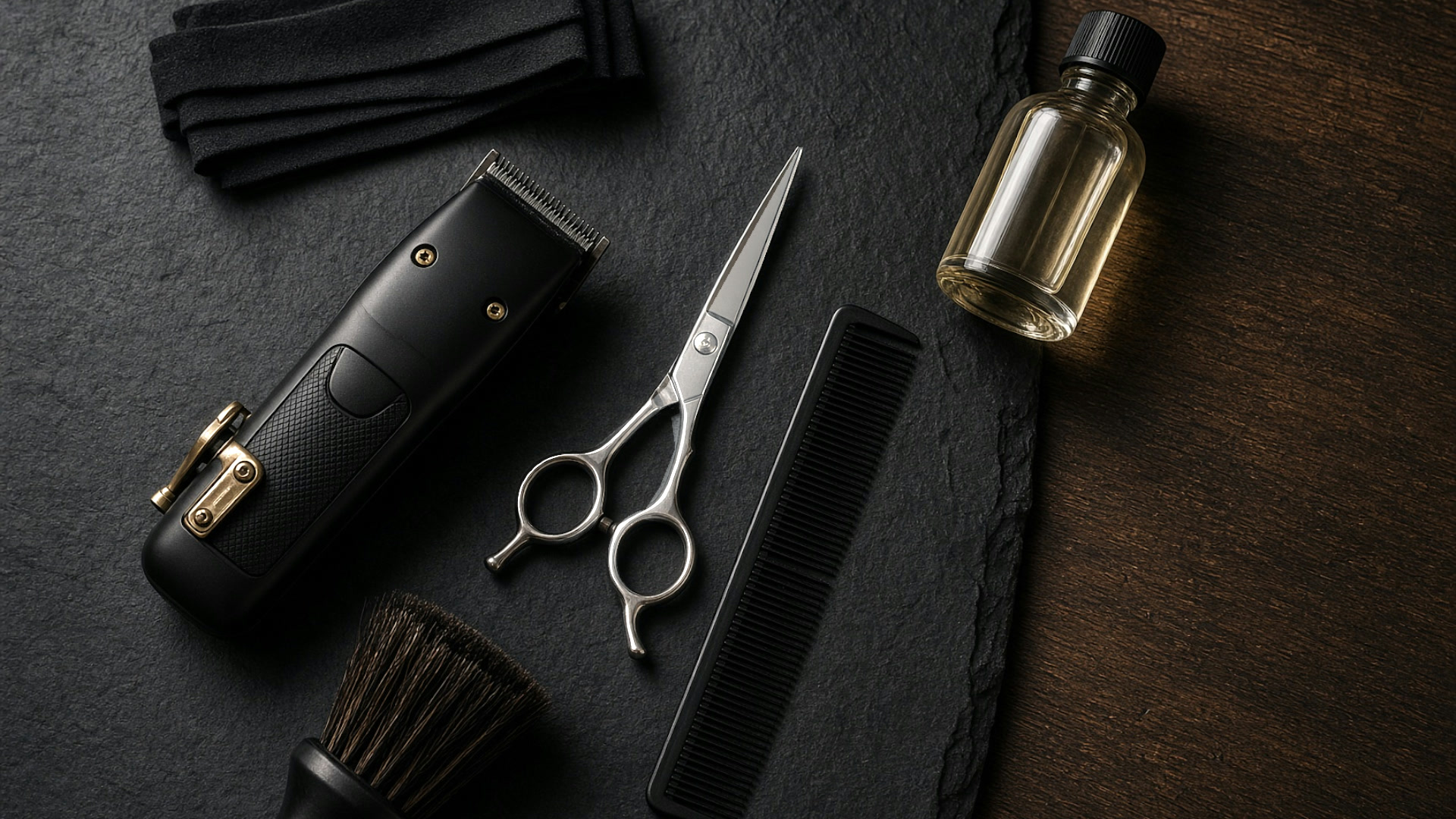 Clippers, scissors, comb and oil laid out on dark slate.
