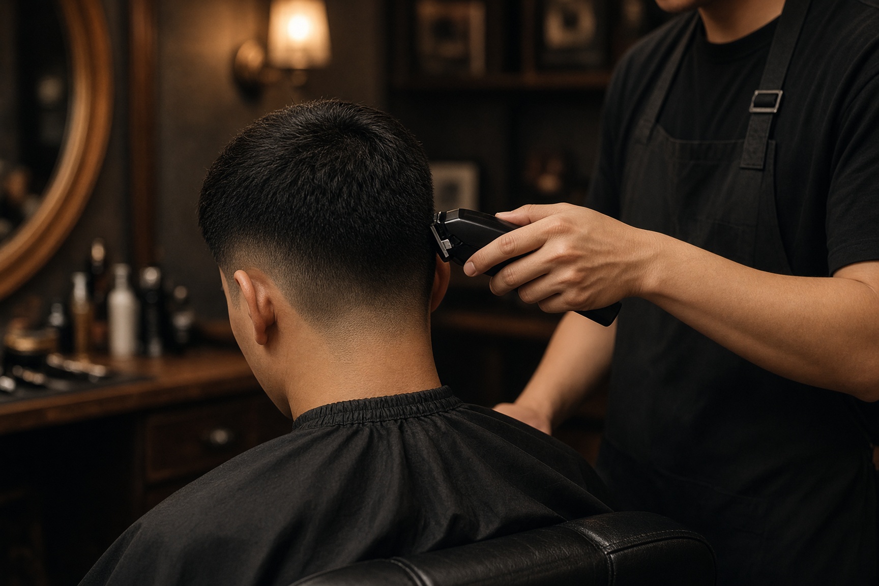 Illustrative barbering scene: clippers blending the back of a haircut